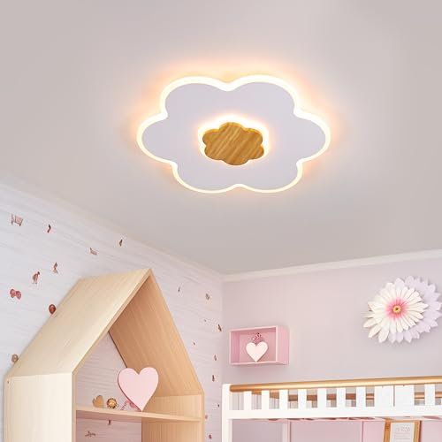 LUOLONG Lámpara de techo LED Lámpara de techo infantil de madera 30 cm Forma de flor Habitación infantil 3000 K 20 W Niño Niña Bebé Lámpara infantil blanca con función de luz nocturna