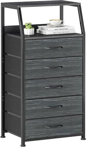 Kommode mit Schubladen aus Stoff, Aufbewahrungsschrank, Holz Sideboard mit 5 Stoffschubladen, Hoch & Schmal, 2-Tier Holzplatte Schwarz Schubladenschrank für Wohnzimmer, Schlafzimmer, Flur, Dunkelblau