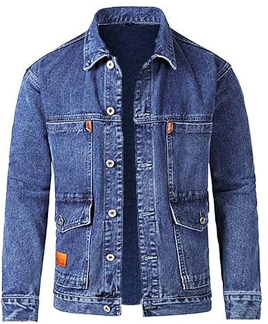 YIzdegg herr vinter casual långärmad nedvikbar krage solid denim jacka rock jeansjacka herr modern, blå, XXL
