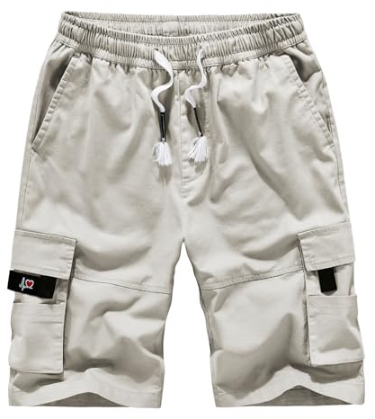 Husmeu Short Bermuda Homme en Coton Short Cargo Coupe Ample Short de Travail Multi-Poches Taille Élastiquée Beige XL