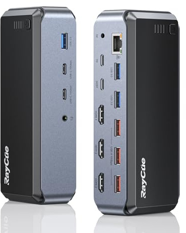 Raycue Triple Monitor USB C Docking Station - MacBook Pro Docking Station with Power Adapter for MacBook M1/M2/M3/Windows, HDMI*3, RJ45, 10Gbps USB*5, PD, USB 3.0*2