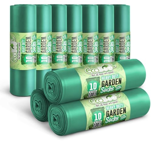 EcoBag - 100 Pack Extra Strong Heavy Duty Garden Sacks - 100L - 30 Microns - Recyclable, Leak Resistant & Eco-Friendly, Durable Garden Waste Disposal Bags for Household & Commercial Use (736x990mm)