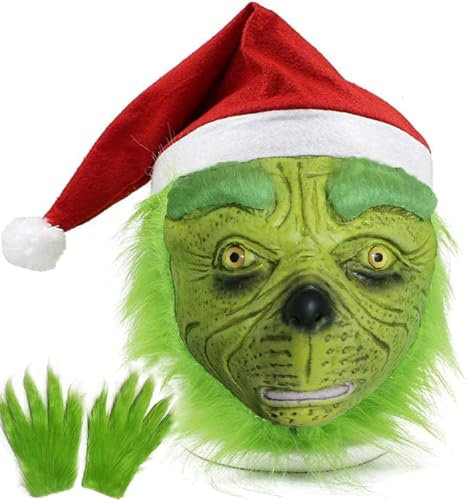 MEDOUTONG Green Mask,Green Monster Mask Deko Weihnachten,Weihnachtsmütze Weihnachtsmaske Männer Damen Cosplay,Mask Kostüm-Requisiten,Silvester Party,Wichtel Zubehör Weihnachten