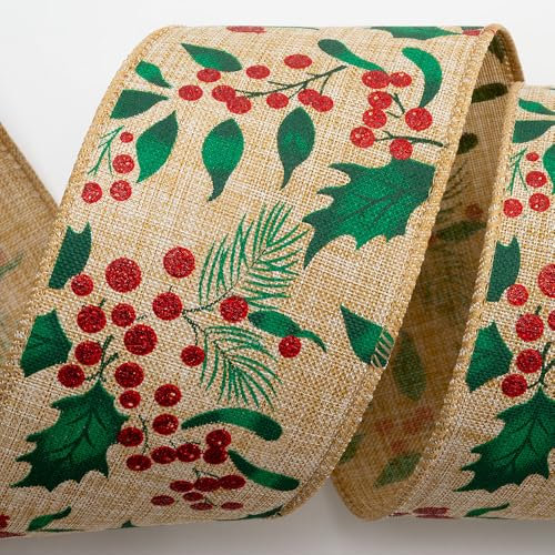 Italian Options Holly Glitter Berries Natural Linen Wired Ribbon,Christmas Hessian Ribbon for Crafts,Gift Wrapping Accessories,Wreaths,Tree Decorations, Burlap Fabric, Natural, 63 mm x 10 Metre Roll