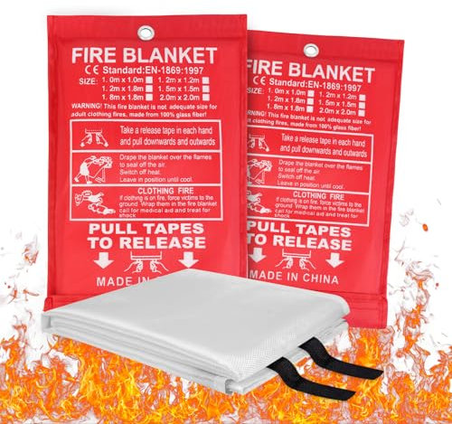 Flintronic 2PCS Fire Blanket, 1m X 1m Emergency Fire Blanket for Kitchen, Quick Unfolding, Fibreglass Fire Blankets with Loops, Flame Retardant Fire Blanket for Home, Office, Caravan, School