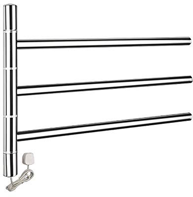 Scaldasalviette Elettrico, Portasciugamani Riscaldato Cromato con 3 Barre Oscillanti Stendino Elettrico in Acciaio Inossidabile 304 Appendiabiti Girevole con Braccio Pieghevole a Parete per Bagno, 56