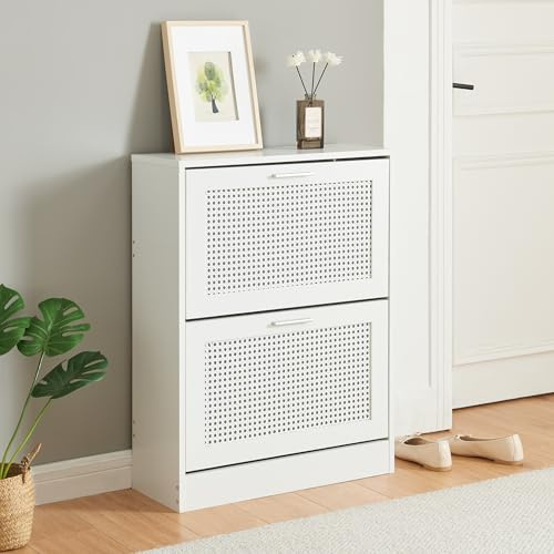 [en.casa] Scarpiera a 2 Contenitori Ribaltabili Mobile Portascarpe Salvaspazio per 8 Paia di Scarpe 80 x 60 x 24 cm per Ingresso Corridoio - Effetto Rattan/Bianco