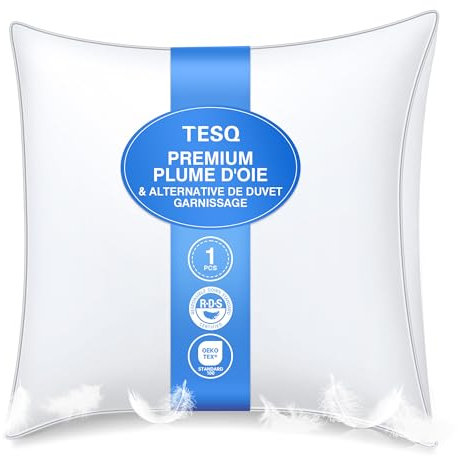 TESQ Almohada de Plumas de Lujo de 60 x 60 cm con Triple Capa de Confort, cojín de Pluma, Relleno Suave 100% Suave, Lavable y Respetuoso