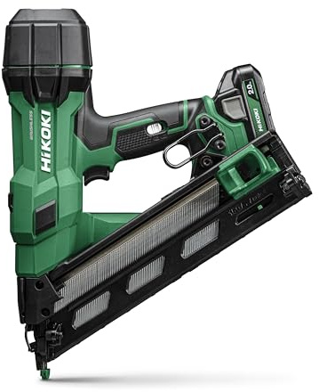HiKOKI Agrafeuse à broche sans fil 34° - 18V, clous 32-65 mm, calibre 15 - Compacte, légère, puissante, lumière LED, moteur brushless, ressort pneumatique - Comprend 2 batteries 18 V/2 Ah + chargeur +