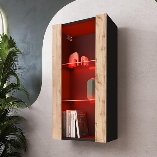 Komodee, Hängende Vitrine Schrank Tivoli Vertical, Wotan/Schwarz, Breite 50cm x Höhe 100cm 50cm x Tiefe 29cm, LED RGB, 2 Regalböden, für Wohnzimmer, Schlafzimmer, Eingang