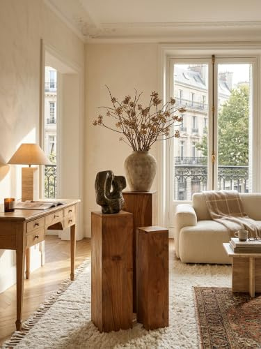 Beistelltisch 3er Set Akazie Massivholz Satztisch Quadratisch Modern | Säulentisch Pflanzentisch 3-teilig | Blumenständer Blumentisch Wohnzimmer | Pflanzenhocker