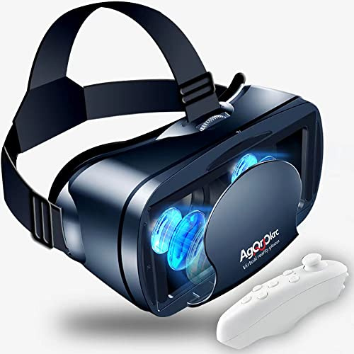 VR Headset with Controller Adjustable 3D VR Glasses Virtual Reality Headset HD Blu-ray Eye Protected Support 5~7 Inch for Phone/Android-Black