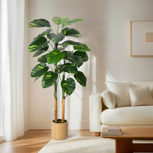 Artificial Scindapsus Aureus Plant, Trunk Wrapped with Unique Banana Peel, Indoor Decorative Potted Faux Golden Pothos Floor Plant, 5FT Artificial Tree for Home Office Decoration