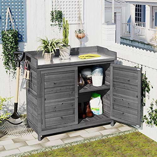 SGKOMN Outdoor 39 Potting Bench Table, Rustic Garden Wood Workstation Storage Cabinet Garden Shed with 2-Tier Shelves and Side Hook, Grey