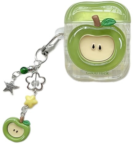 SGVAHY Custodia per AirPods 4 con portachiavi, graziosa custodia 3D verde con motivo mela verde, in morbido silicone, per donne e ragazze, anti-caduta, antiurto, custodia protettiva per AirPods di 4a