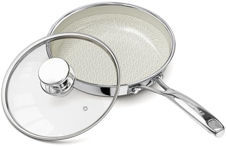 8 Inch Non Stick Frying Pan with Lid, Ceramic Hybrid Tri-Ply Stainless Steel Nonstick Skillet W/Lid, Small No Toxic Cooking Pans Induction Egg Frying Pan W/Stay Cool Handle, PFAS/PFOA/PTFE Free