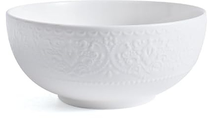 EAZHOP 6.3 Inch Ceramic Salad Bowl White Embossed Noodle Pasta Soup Bowl, Microwave & Dishwasher Safe, Oven Safe for Baking, Home Dining (15.9×5.8cm, 380g)