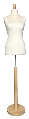 Mannequin weiblich, Schneiderpuppe weiblich auf rundem Holzsockel in Naturholzfarbe (Überzug - Cream, XS 34/36)