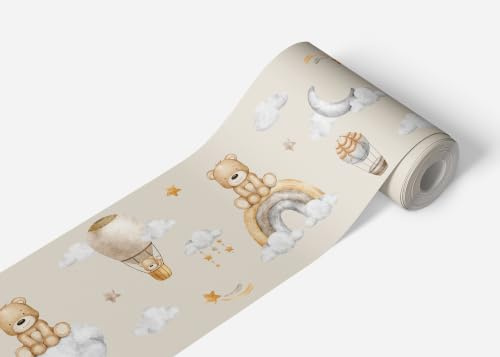 Selbstklebende Bordüre Bär Im Himmel Auf Braun AG Design, AWBD 8538 | Wasserfest Kinderzimmer Wand Aufkleber Dekoration | Wandbordüre für Mädchen und Junge | Folie | Breite 500 cm x Höhe 13.8 cm