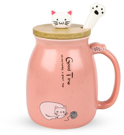 Katzen-Tasse Süße Keramik Kaffeetasse mit deckel,Neuheit Morgen Cup Tee Milch Weihnachten Becher Geschenk Teetasse mit Deckel und Sieb Geschenke für Frauen380ML (Rosa)
