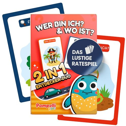 Pompelli Wer Bin ich? Spiel für Kinder & Wo Ist? - 2 Spiele in einem Deck - Lustige Ratespiele für Kinder ab 5 bis 9 - Ideal als Reisespiele für Kinder zur Beschäftigung im Auto oder Flugzeug