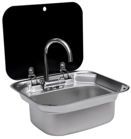 Handwaschbecken RV Spüle Waschbecken Caravan Boot Edelstahl mit gefaltetem Wasserhahn, Deckel 42.3 * 37.3 * 15cm - Silber