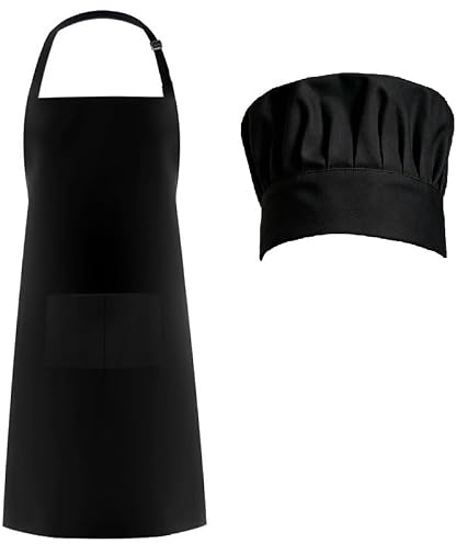 LifgWas Delantal Negro de Cocina Con Gorro de Cocinero Transpirable Set Impermeable y Anti-Grasa Ajustable Con Dos Bolsillos Para Cocina y Repostería