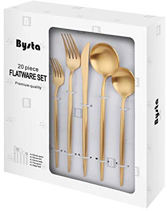 Matte Gold Silverware Set, Bysta 20-piece Stainless Steel Flatware Set Cutlery Set Service For 4, Satin Finish, Dishwasher Safe, Nice Gift Box