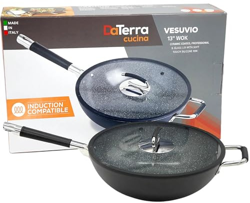 DaTerra Cucina Professional 13 Inch Wok with Glass Lid | Italian Made Ceramic Nonstick Wok by DaTerra Cucina