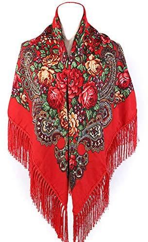 Gudessly Women's Traditional Scarf Wrap Tassel Fringes Neck Head Shawl Retro Scarf Floral Poncho Printing Square Cape 50inch