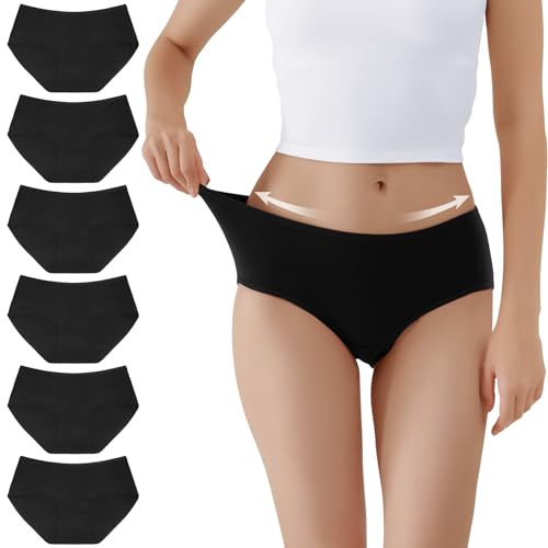 TUUHAW Culotte Femme Coton Taille Midi Confortable Slip Coton Lot de 6 Noir 2XL