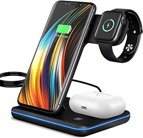 Senelux Wireless Charger, 15W Qi Fast Wireless Charger Station Compatible with iPhone 12/12 Pro/11 Pro/11Pro Max/XS Max/XR Galaxy Note 10+/S10+ Huawei P30 Pro Airpods Pro 2 1 Apple Watch - Black