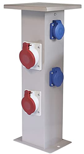WITTKOWARE Steckdosensäule Aluminium Grau | 2x Schutzkontakt & CEE 16A / 32A | Wetterfester IP44 Standverteiler pulverbeschichtet für Garten, Camping & Außenbereich