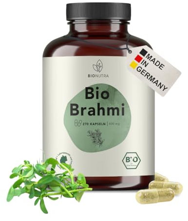 BIONUTRA® Bio Brahmi Kapseln hochdosiert, 1200 mg Tagesdosis, rückstandskontrolliert, deutsche Herstellung, vegan, laktose- & glutenfrei, ohne Zusätze, Bacopa monnieri Bio, 270 Stück x 600 mg