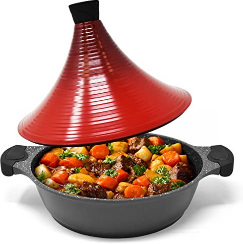 Joeji's Kitchen Olla tajine marroqui induccion de aluminio, tajine electrico base de acero, olla tajine induccion antiadherente de 28 cm, tagine marroqui para cordero, cerdo, aves, pescado