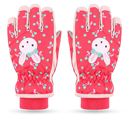 Pesaat Wasserdichte Kinder-Winterhandschuhe, Fleece-gefüttert, warm, für Kinder, Kaninchen, Mädchen, Ski, Snowboardhandschuh, 4–12 Jahre (rot, S)