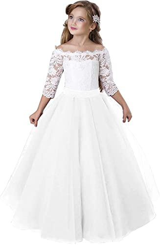 Aibaowedding Blumensmädchenkleid Prinzessin Mädchen Festzug Ballkleider Kinder Spitze Tüll Cocktailkleid Elegant Langes Abendkleid Kommunionskleid … (White, 10-11Y)