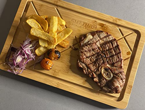 CUTTHRU - Tabla de Carne de Bambú Natural, Multiusos para Servir Barbacoa, Cortar, Resistente al Agua y Duradera