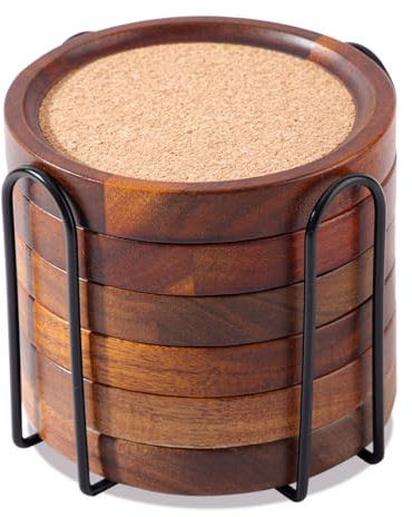 WLWNWFT Holz Untersetzer Rund für Gläser 6er Set, Glasuntersetzer aus Akazienholz und Kork mit Halter, Untersetzer Gläser Kork für Getränke, Bar, Tassen, Glas