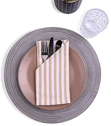 mon bijou® Stoffservietten 12er Set – Gestreift Weiß-Beige 45x45 cm – 100 % Baumwolle – Waschbare Baumwollservietten für große Tafel, Hochzeit, Ostern, Weihnachten & stilvolle Tischdeko