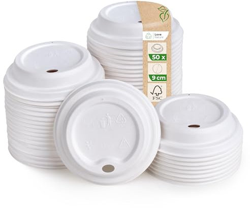 Love Nature Coperchio per Bicchieri Usa e Getta 300 ml - 50 pezzi Ø 90mm Coperchi in Canna da Zucchero per Bicchierini Caffè - Biodegradabile Coperchio Bianco