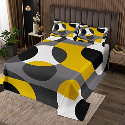 Erosebridal Yellow Geometric Bedspread Circle Quilted Twin,Abstract Swirls Lines Stripes Coverlet Set Retro Grommet Patchwork Geometric Rustic Modern Circle Urban Art Room Decor,Grey Black
