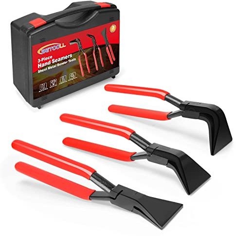 BETOOLL 3-Piece Hand Seamers Sheet Metal Tools Set - Straight Jaw, 45°, and 90° Metal Bending Pliers with Tool Box Storage Case for Bending and Flattening Sheet Metal