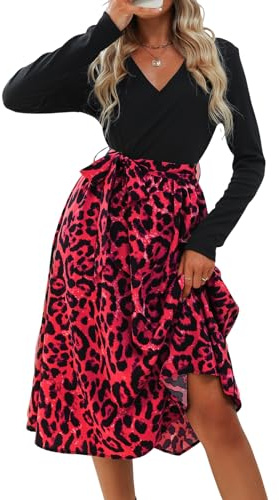 CUPSHE Robe Maxi pour Femme Col en V Manches Longues Ceinture Nouée Coupe Évasée Robe Décontractée Fête Cocktail Robe Patineuse Midi, Léopard rouge., L