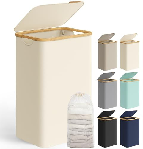 SONGMICS Wäschekorb mit Deckel, Wäschesammler 90 L, herausnehmbarer Wäschesack, Oxford-Gewebe, Griffe aus Bambus, zusammenklappbar, 42 x 32 x 70,5 cm, cremeweiß LCB509W01