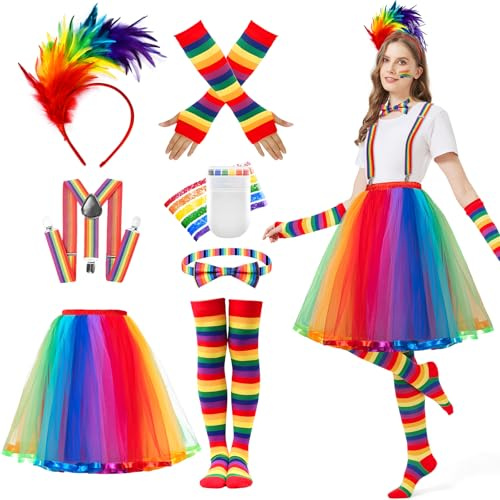 JONRRYIN Regenbogen Kostüm Damen, Regenbogen Rock Damen Tüll, Regenbogen Tüllrock mit Bunt Feder Stirnband für Karnevalspartys und Mottoparty