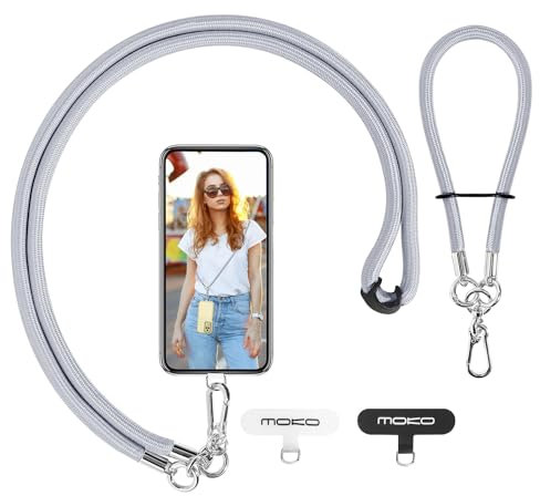 MoKo Crossbody Phone Lanyard, Adjustable Cell Phone Lanyard, Premium 8mm Thick Rope Mobile Phone Lanyard for iPhone, Samsung,and More | Phone Neck Strap×1, Wrist Strapx1, Lanyard Patch×2, Gray