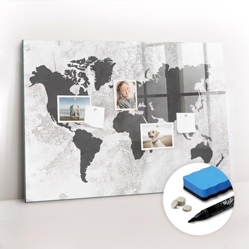 Tulup Magnettafel Magnetpinnwand 100x70 Magnetisch zum Beschriften Glasplatte Schreibtafel mit Motiv Tafel abwaschbar Wandtafel mit Magneten und Stift - Konkrete Weltkarte