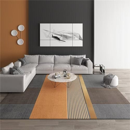 RUGMRZ Büroteppich 120x200CM Teppich Schlafzimmer groß Zimmers Teppichboden orange Grauer, moderner, Rutschfester und schmutzabweisender Teppich mit Streifendesign