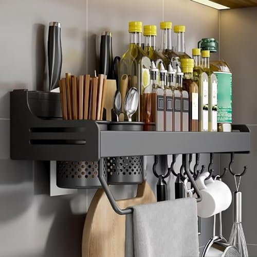 ZOKT Gewürzregal Wand, Regal Küche Ohne Bohren, Küchenregal Hängend mit Beweglichen Haken und 2 Utensilienhalter, Handtuchhalter, Messerhalter, Schwarz, 50cm